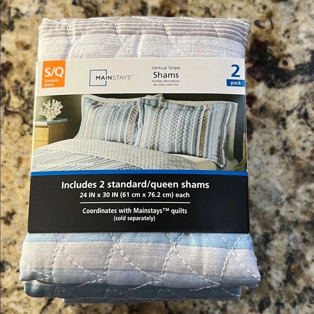 NEW Mainstays Blue Grey Vertical Stripe Standard/Queen Shams 2-Pack